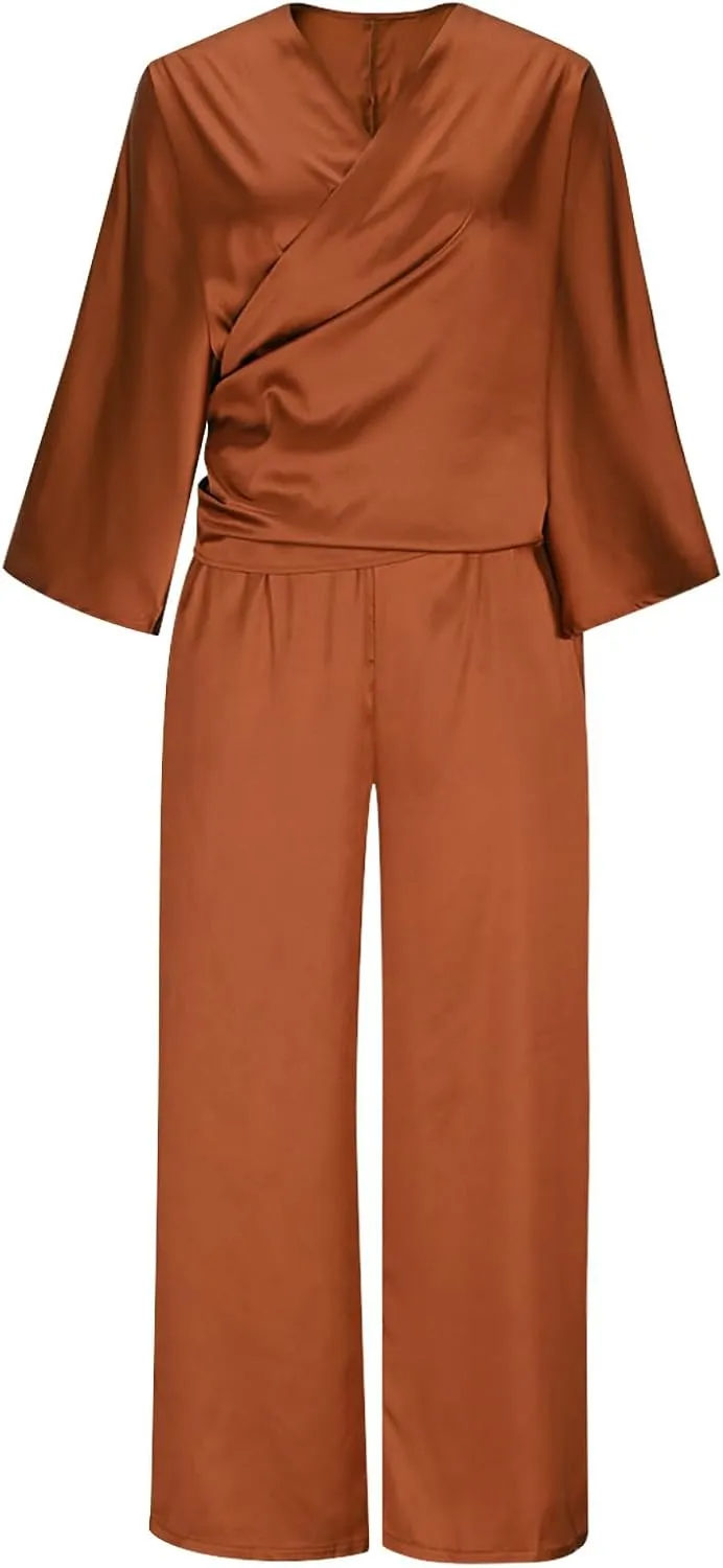 Two Piece Sets for Women Dressy Outfits Satin Silk Wrap V Neck Long Sleeve Blouses & Soft Pants Matching Sets