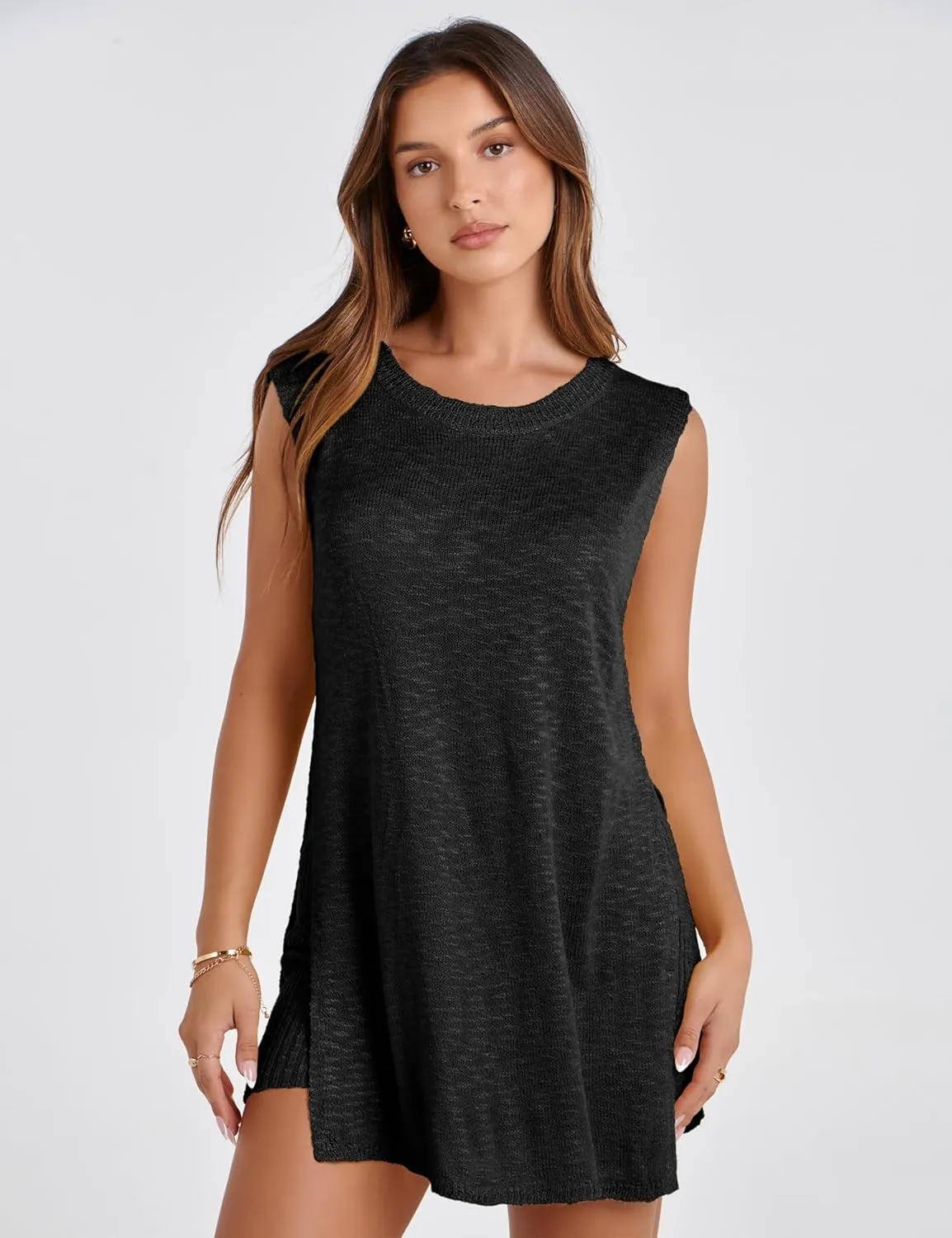 UANEO Women 2 Piece Outfits Lounge Sets Summer Knit Sleeveless Top and Shorts Sweater Set
