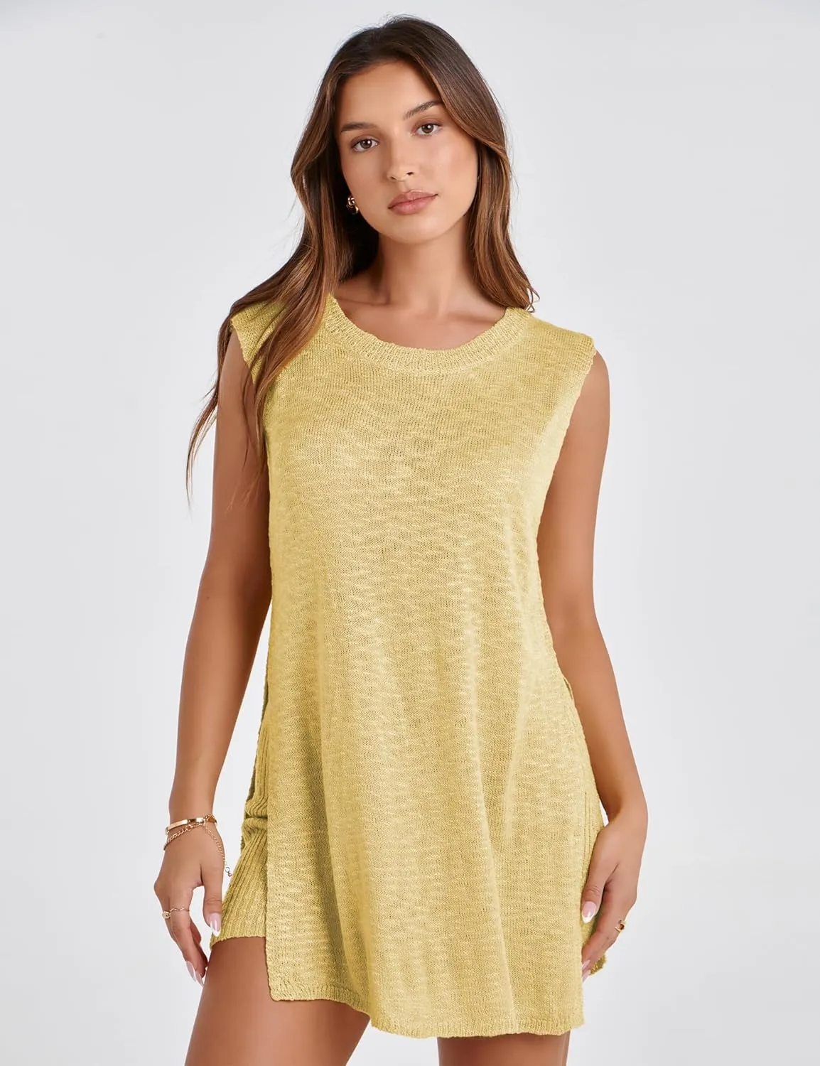 UANEO Women 2 Piece Outfits Lounge Sets Summer Knit Sleeveless Top and Shorts Sweater Set