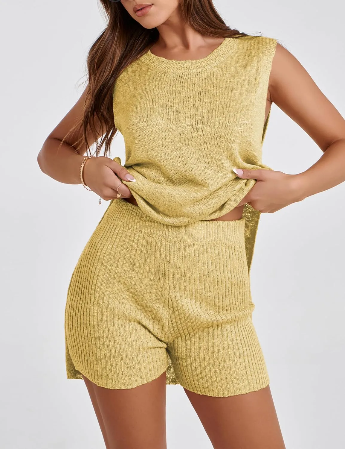 UANEO Women 2 Piece Outfits Lounge Sets Summer Knit Sleeveless Top and Shorts Sweater Set