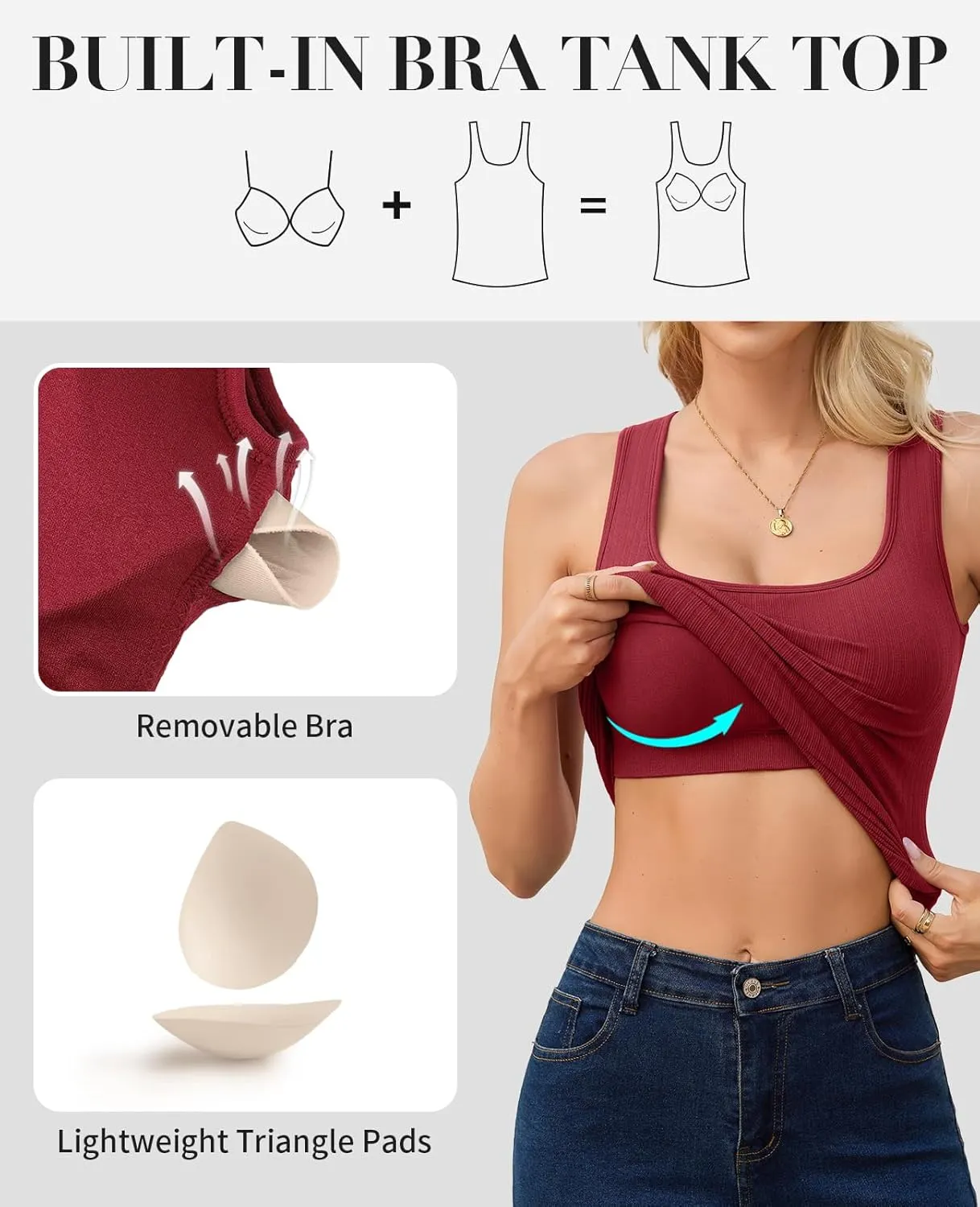 V FOR CITY Womens Square Neck Tank Top with Built-in Bra Ribbed Seamless Camisole Slim Fitted Camis Shirts