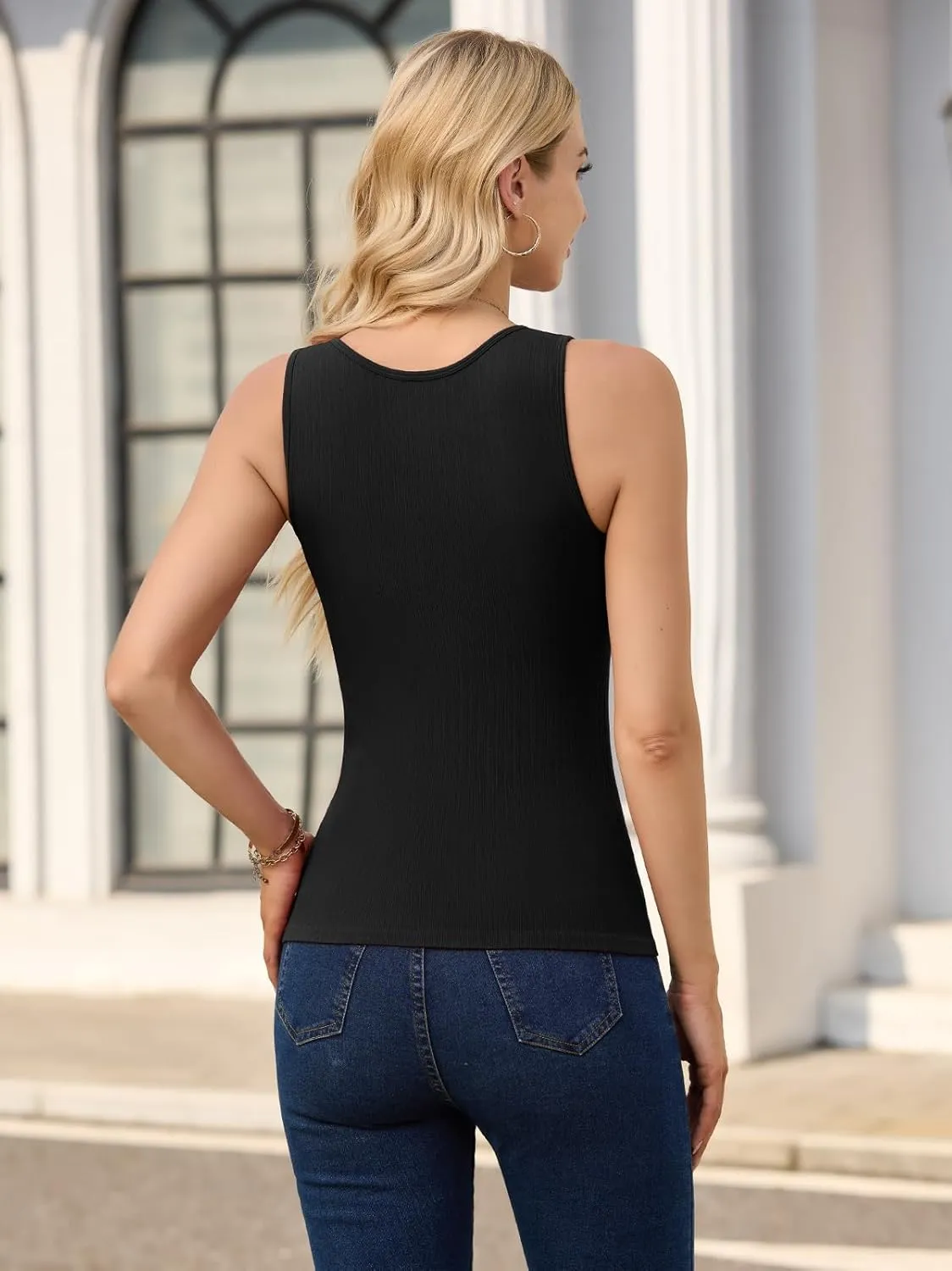 V FOR CITY Womens Square Neck Tank Top with Built-in Bra Ribbed Seamless Camisole Slim Fitted Camis Shirts