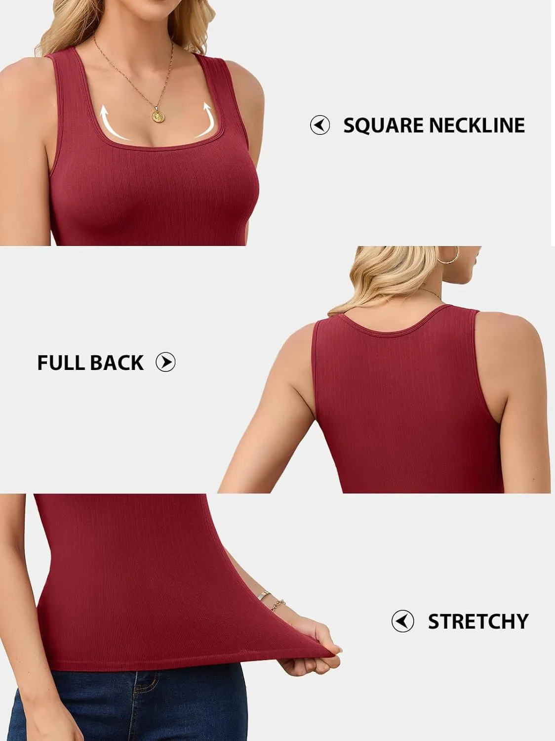 V FOR CITY Womens Square Neck Tank Top with Built-in Bra Ribbed Seamless Camisole Slim Fitted Camis Shirts