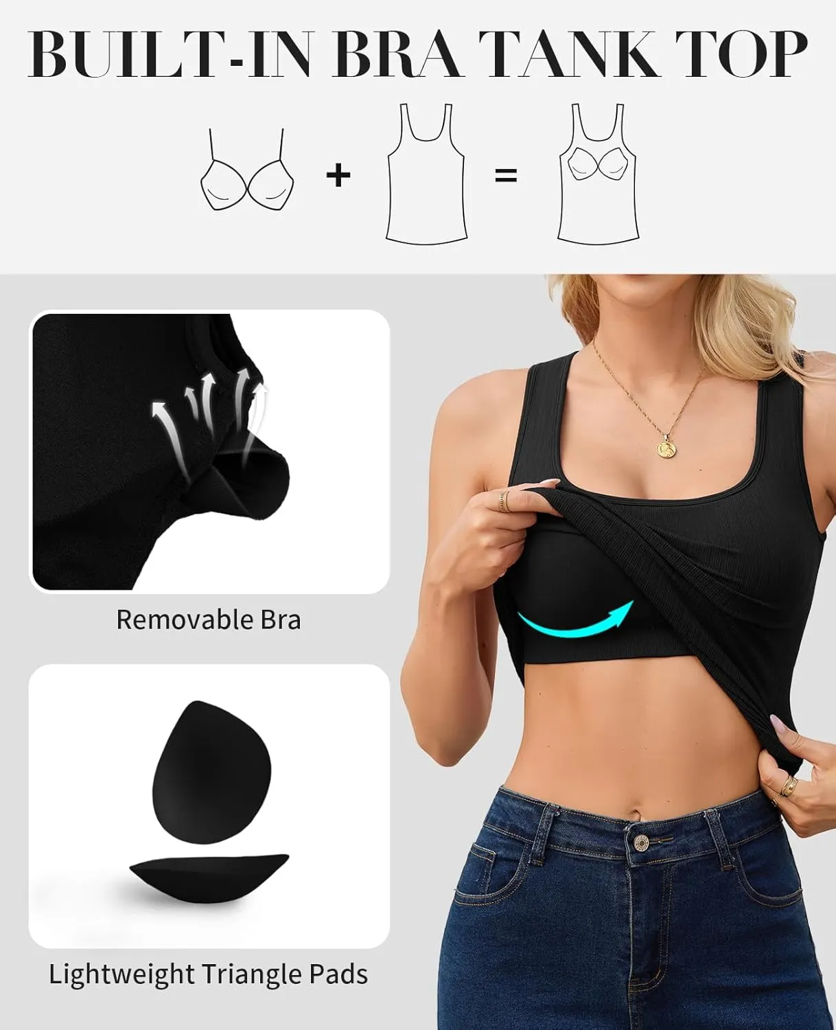 V FOR CITY Womens Square Neck Tank Top with Built-in Bra Ribbed Seamless Camisole Slim Fitted Camis Shirts