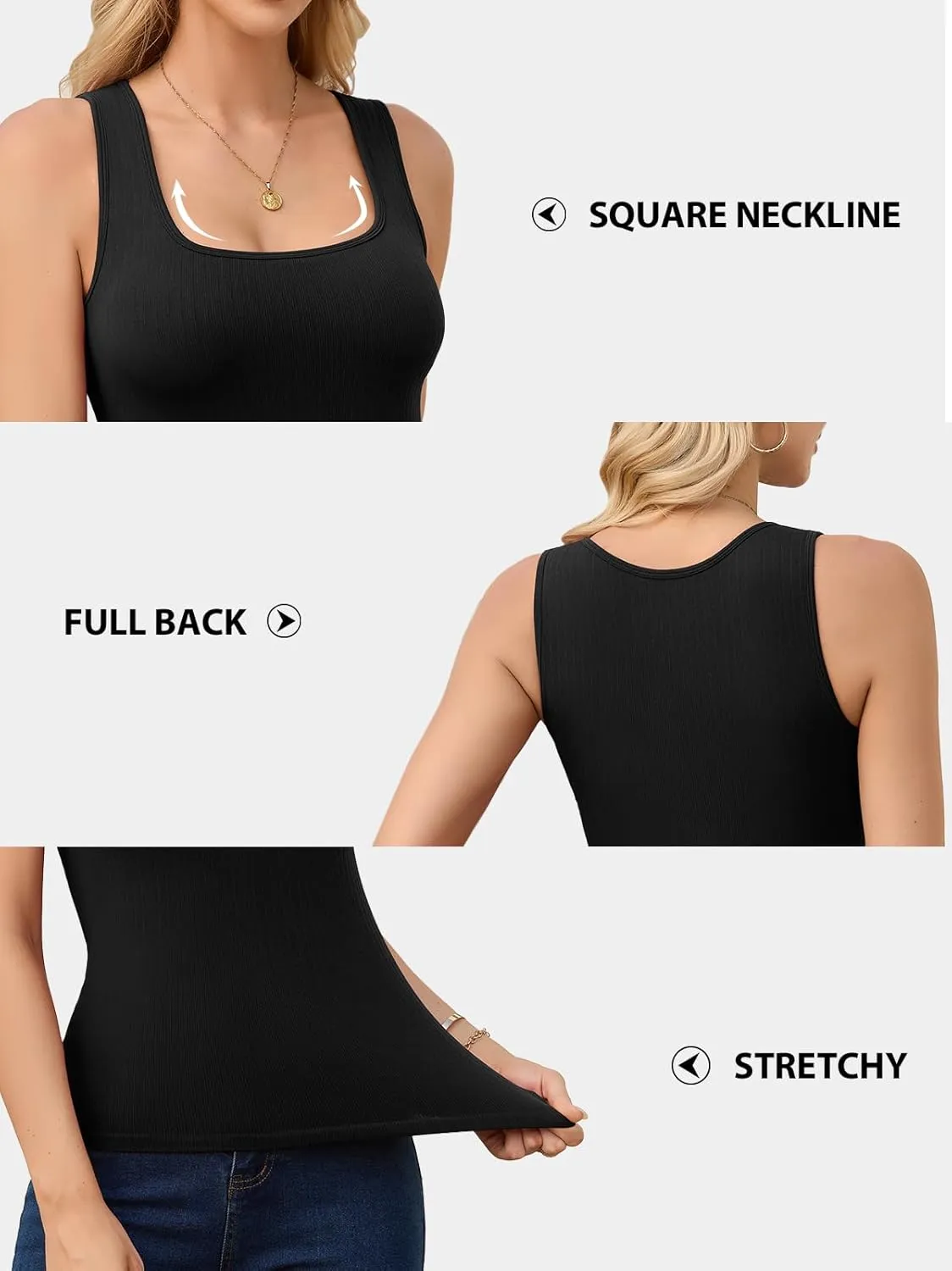 V FOR CITY Womens Square Neck Tank Top with Built-in Bra Ribbed Seamless Camisole Slim Fitted Camis Shirts