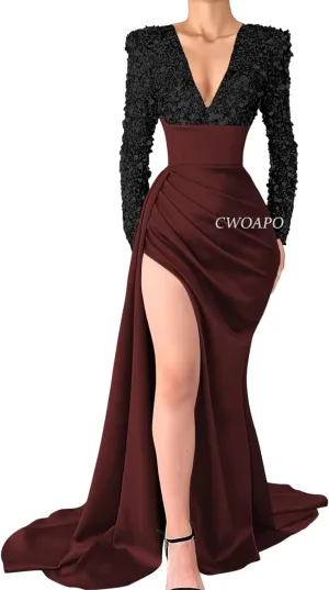 V Neck Sequin Long Sleeve Prom Dresses Satin Mermaid Evening Gowns for Women Formal Wedding Party Gala Dress with Slit