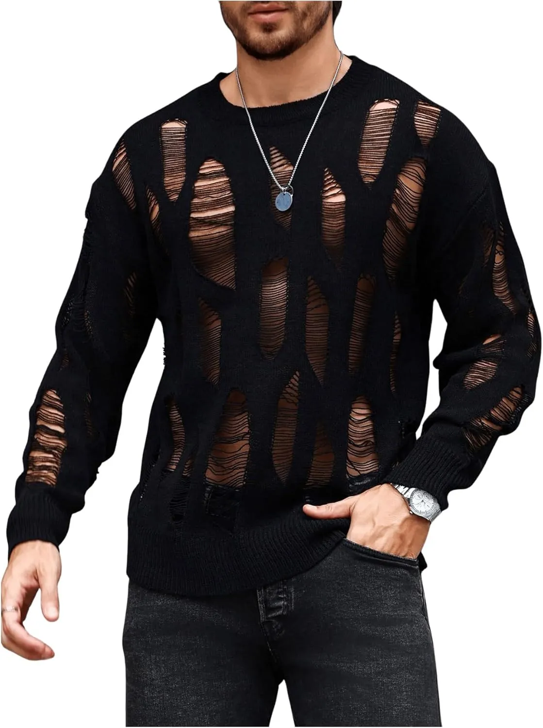 Verdusa Men's Hollow Out Distressed Knit Sweater Top Long Sleeve Pullovers