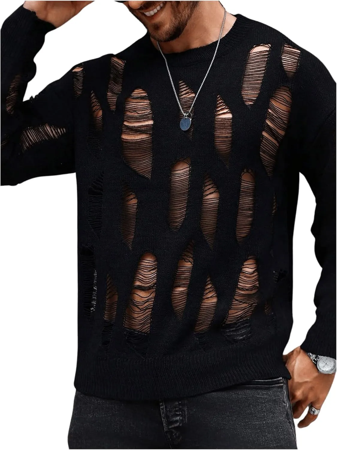 Verdusa Men's Hollow Out Distressed Knit Sweater Top Long Sleeve Pullovers