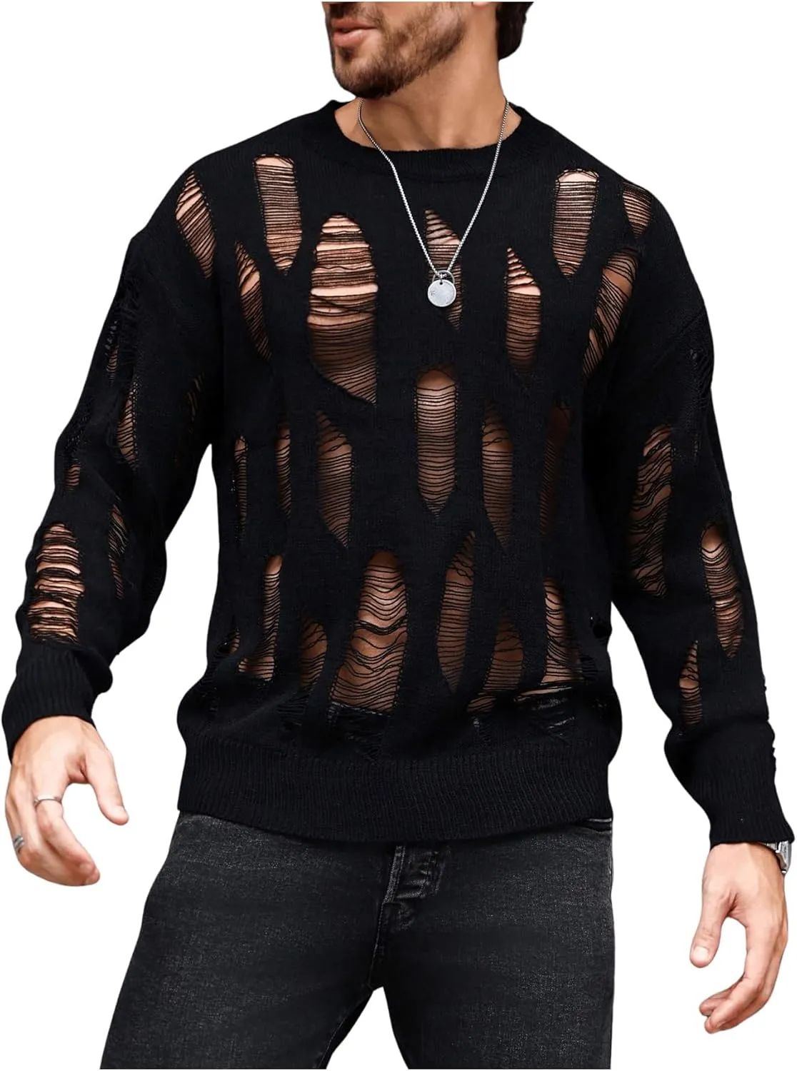 Verdusa Men's Hollow Out Distressed Knit Sweater Top Long Sleeve Pullovers