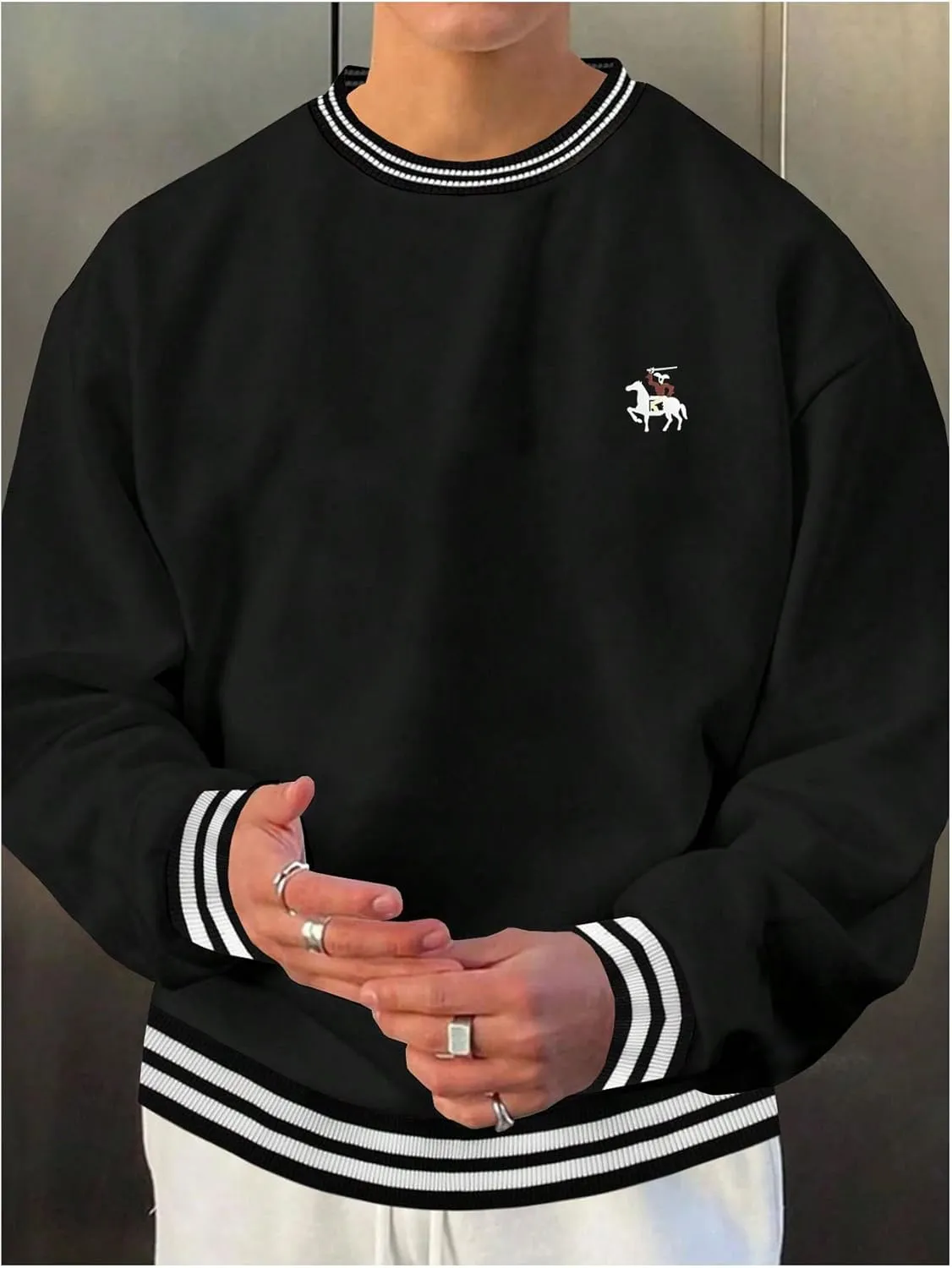 Verdusa Men's Striped Contrast Binding Crew Neck Long Sleeve Sweatshirt Pullovers