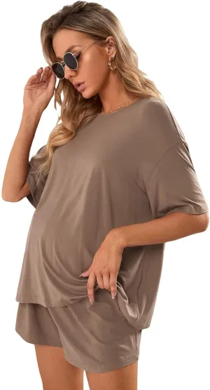 Verdusa Women's Maternity Pajama Set 2 Piece Drop Shoulder Top and Short Lounge Sets