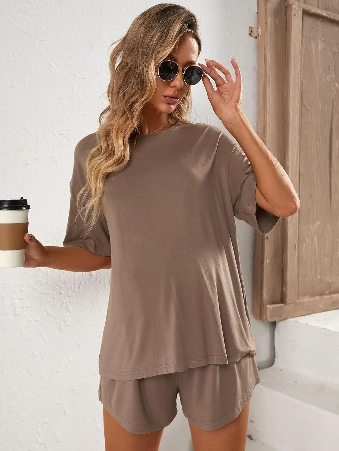 Verdusa Women's Maternity Pajama Set 2 Piece Drop Shoulder Top and Short Lounge Sets