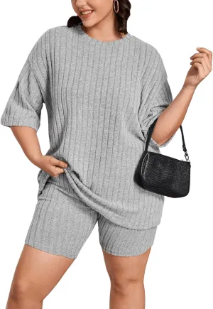 Verdusa Women's Plus Size Lounge Sets 2 Piece Ribbed Half Sleeve Top and Shorts