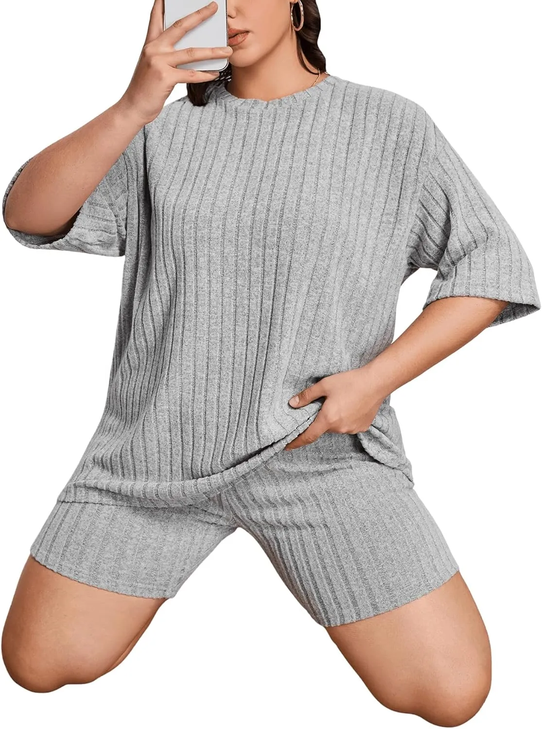 Verdusa Women's Plus Size Lounge Sets 2 Piece Ribbed Half Sleeve Top and Shorts