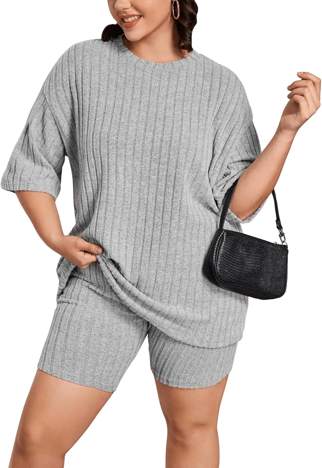 Verdusa Women's Plus Size Lounge Sets 2 Piece Ribbed Half Sleeve Top and Shorts