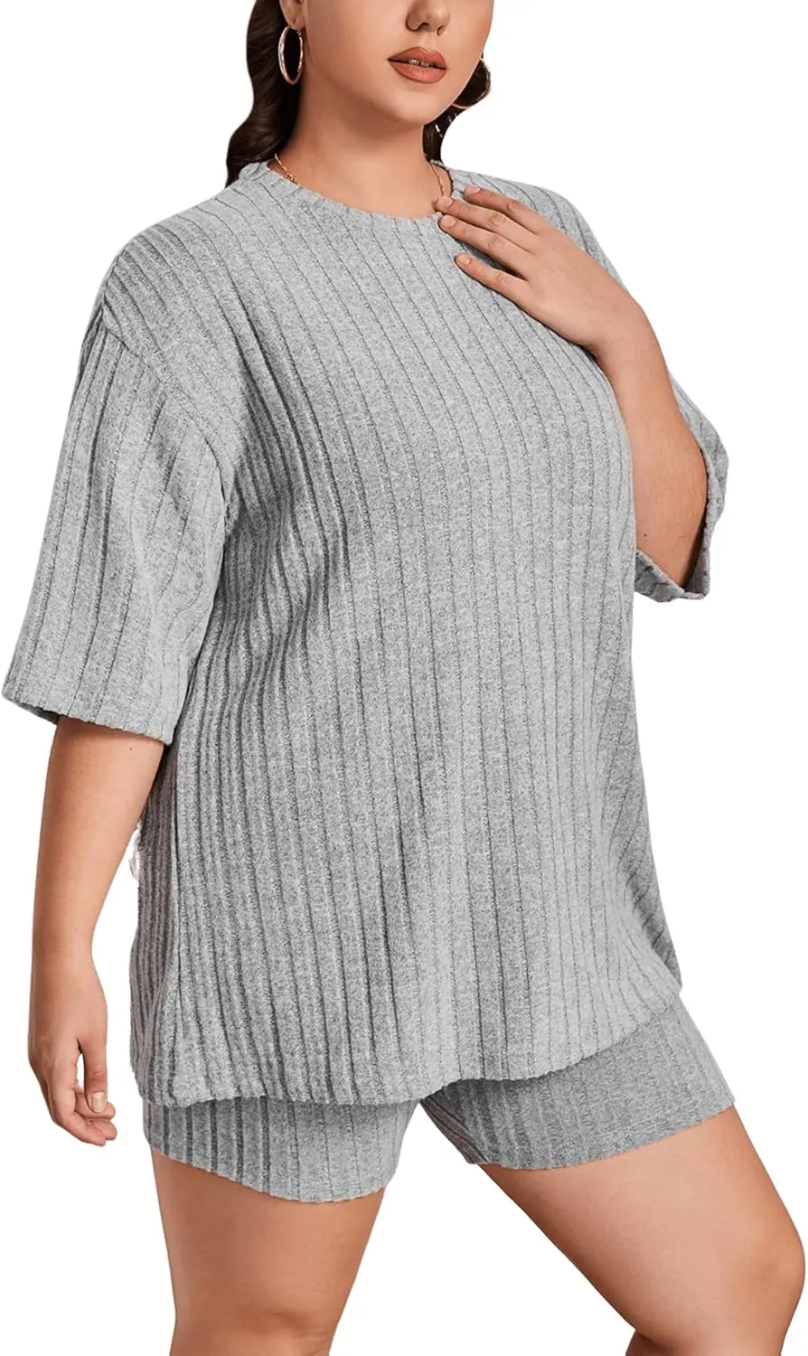 Verdusa Women's Plus Size Lounge Sets 2 Piece Ribbed Half Sleeve Top and Shorts