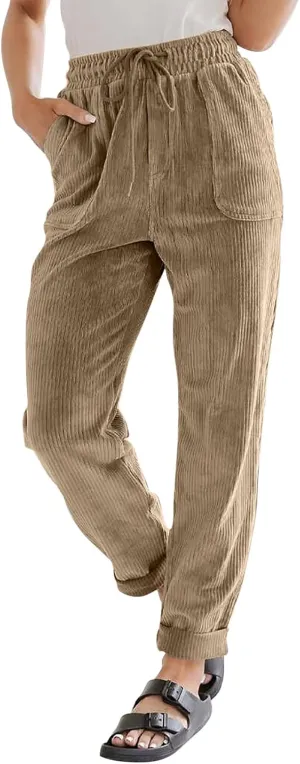 Vintage Corduroy Pants Women Baggy Drawstring Elastic Waist Pants Casual Comfy Work Pants Loose Fit Straight Leg Pants