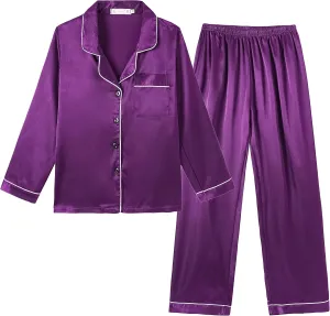 Vopmocld Big Kids Unisex Pjs Set Girls Boys Silk Pajama Sets Satin Clasic Sleepwear Long Sleeve 2 Pieces Button Down Nighty