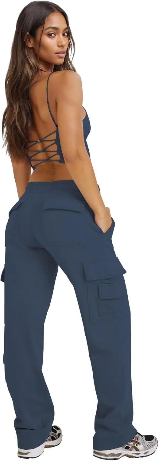 Waitfairy Wide Leg Sweatpants Women Cargo Pants Fleeece High Waisted Baggy Sweatpants for Women Casual Pants with 8 Pocketss