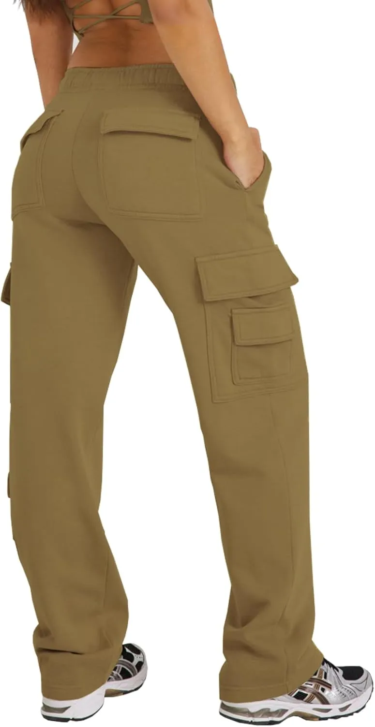 Waitfairy Wide Leg Sweatpants Women Cargo Pants Fleeece High Waisted Baggy Sweatpants for Women Casual Pants with 8 Pocketss