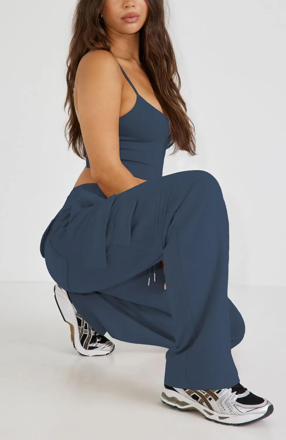 Waitfairy Wide Leg Sweatpants Women Cargo Pants Fleeece High Waisted Baggy Sweatpants for Women Casual Pants with 8 Pocketss