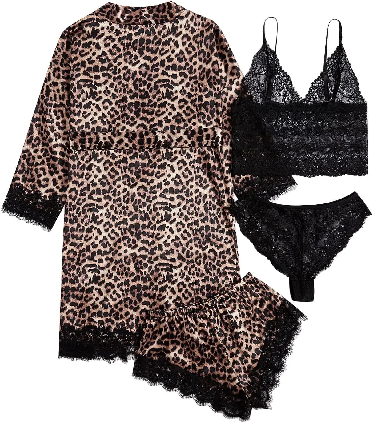 WDIRARA Women' Silk Satin Pajamas Set 4pcs Lingerie Floral Lace Cami Sleepwear with Robe