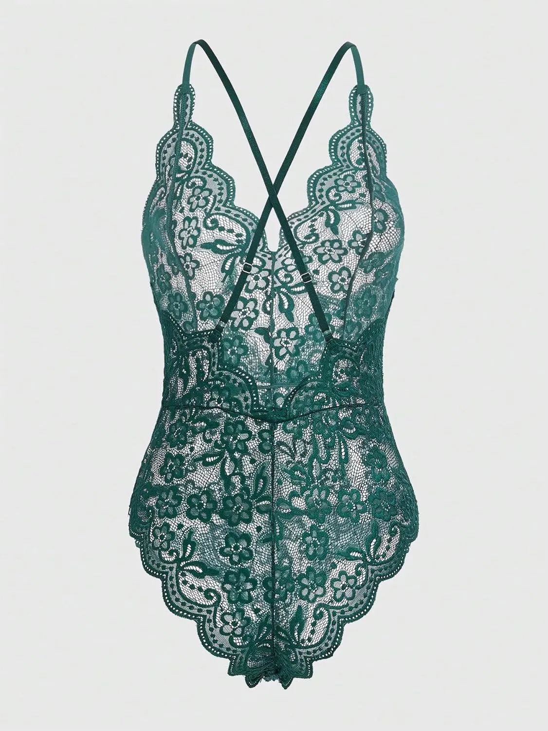 WDIRARA Women's Floral Lace Scallop Trim V Neck Mesh Crisscross Backless Lingerie Bodysuit