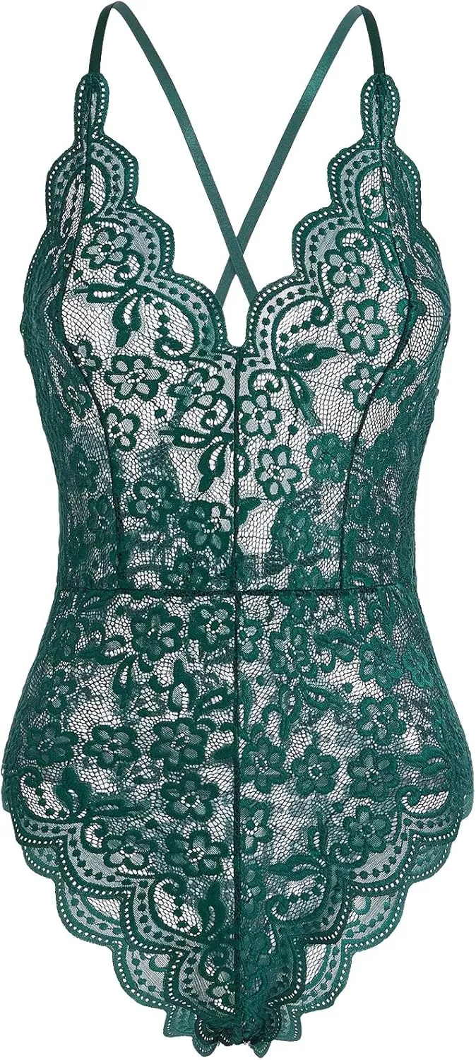 WDIRARA Women's Floral Lace Scallop Trim V Neck Mesh Crisscross Backless Lingerie Bodysuit