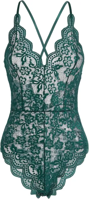 WDIRARA Women's Floral Lace Scallop Trim V Neck Mesh Crisscross Backless Lingerie Bodysuit