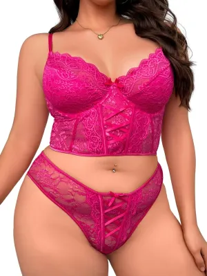 WDIRARA Women's Plus Size Floral Lace Mesh Underwire Lingerie Set Lace Up Bralettes and Panty Sets