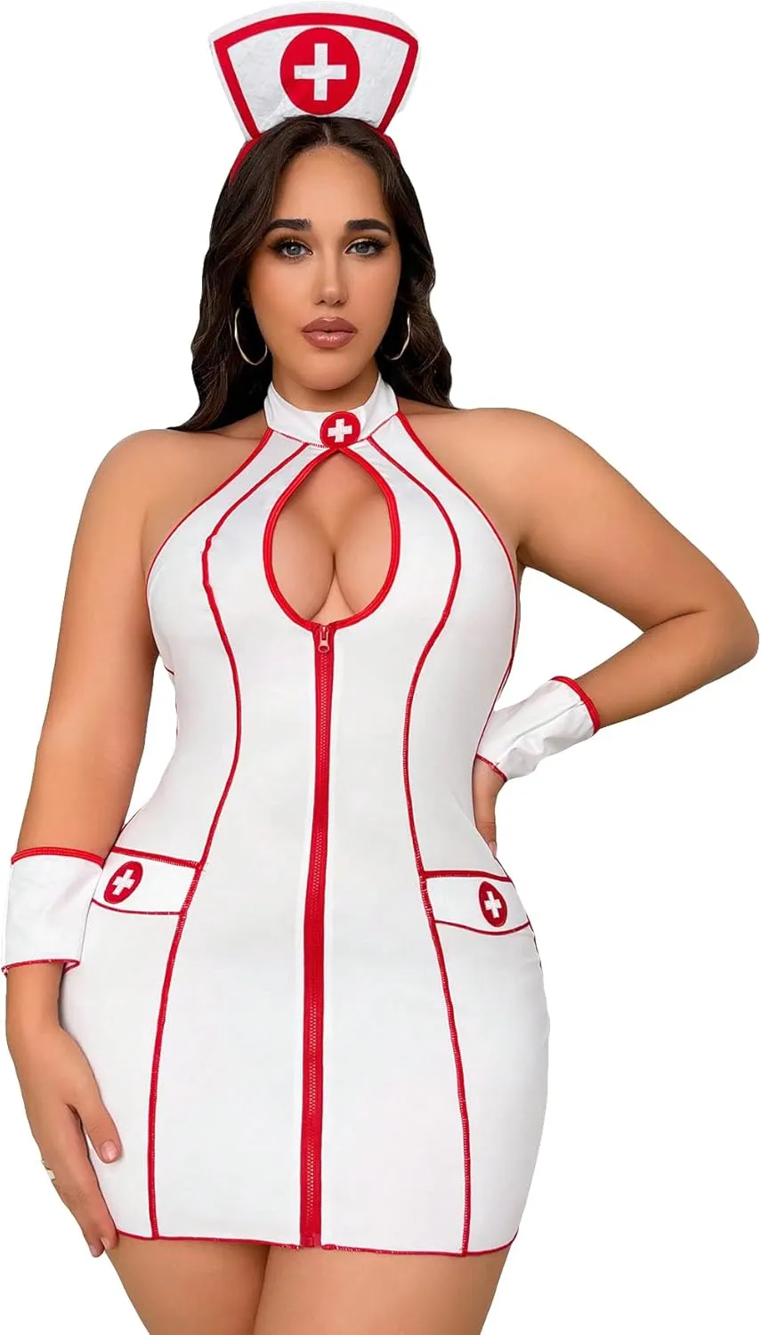 WDIRARA Women's Plus Size Nurse Costume Cosplay Zip Front Halter Lingerie Set with Headband
