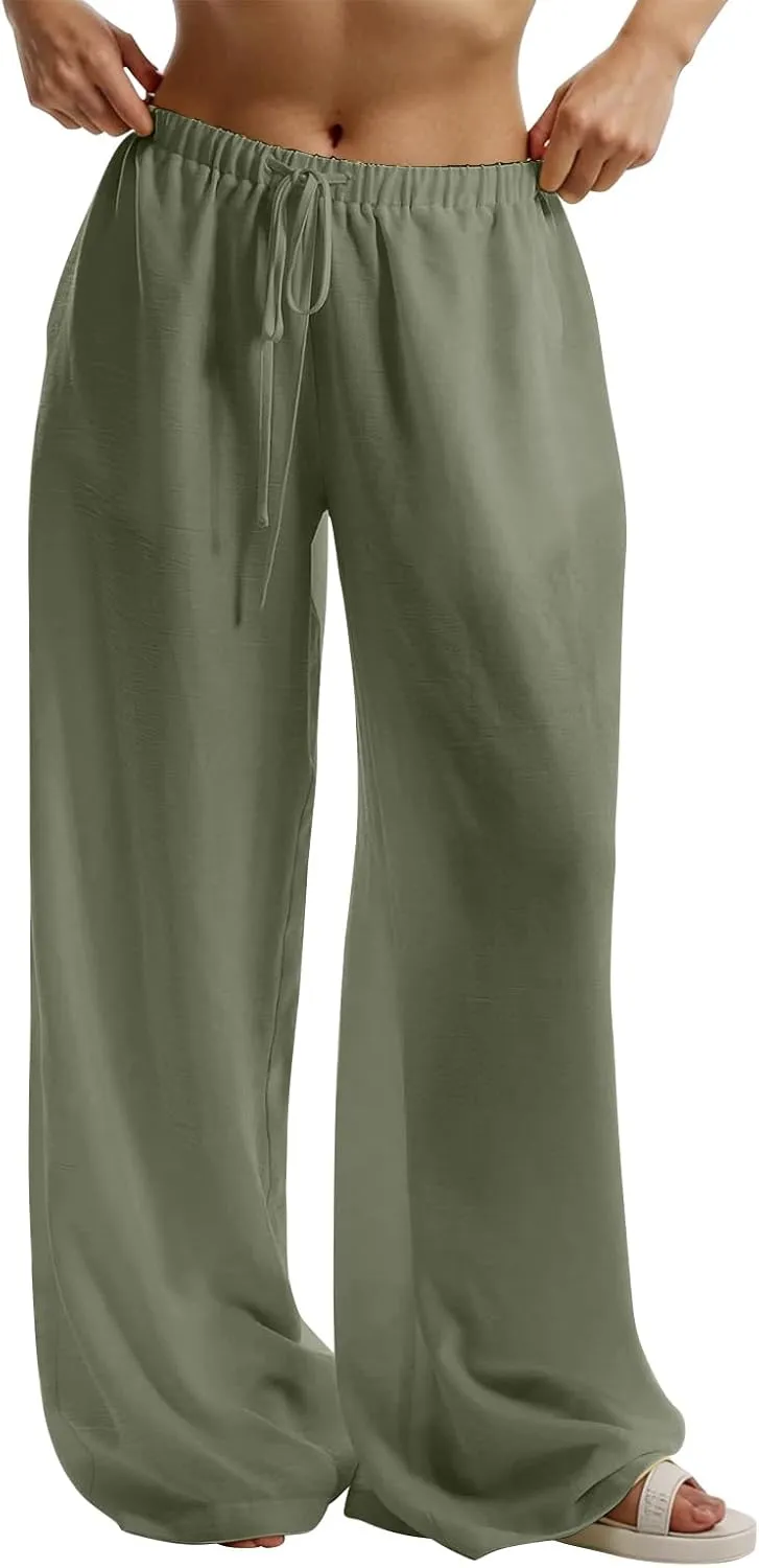 Wide Leg Linen Pants for Women Flowy Summer Pants Elastic Waist Drawstring Palazzo Pants with Pockets Beach Pants