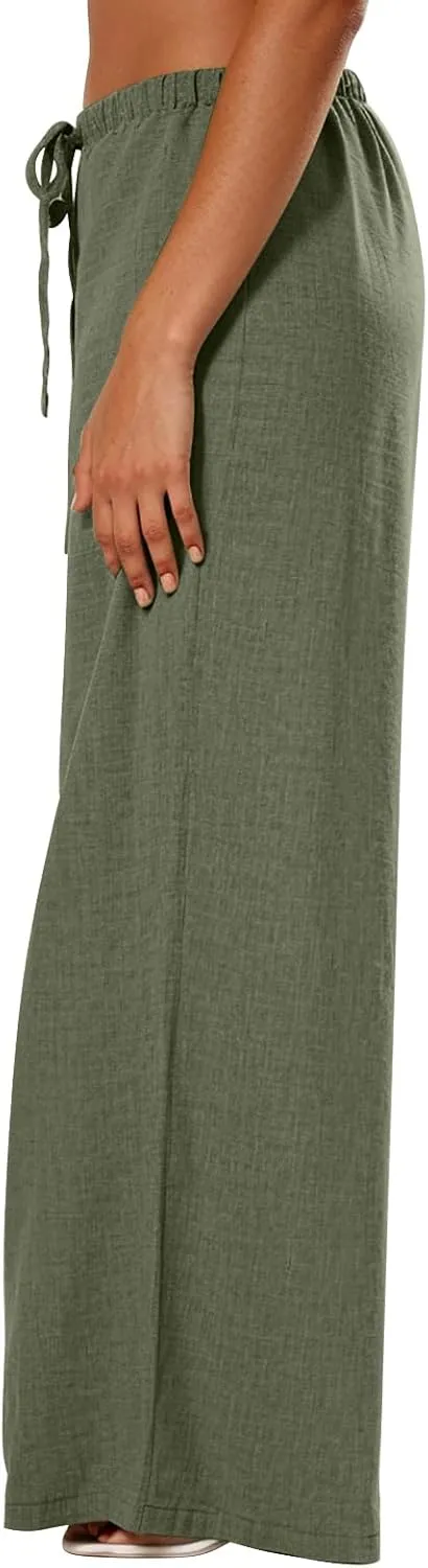 Wide Leg Linen Pants for Women Flowy Summer Pants Elastic Waist Drawstring Palazzo Pants with Pockets Beach Pants