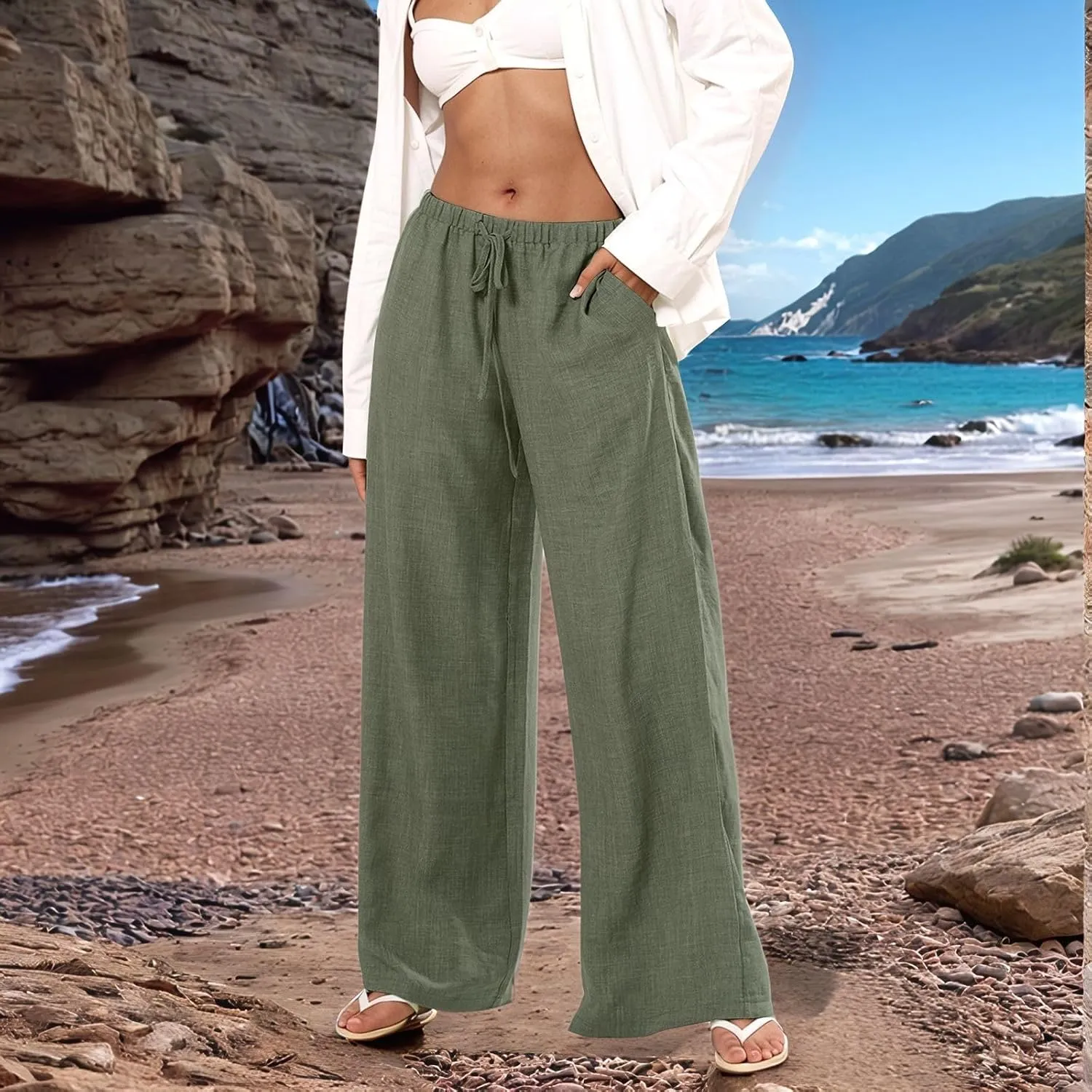 Wide Leg Linen Pants for Women Flowy Summer Pants Elastic Waist Drawstring Palazzo Pants with Pockets Beach Pants