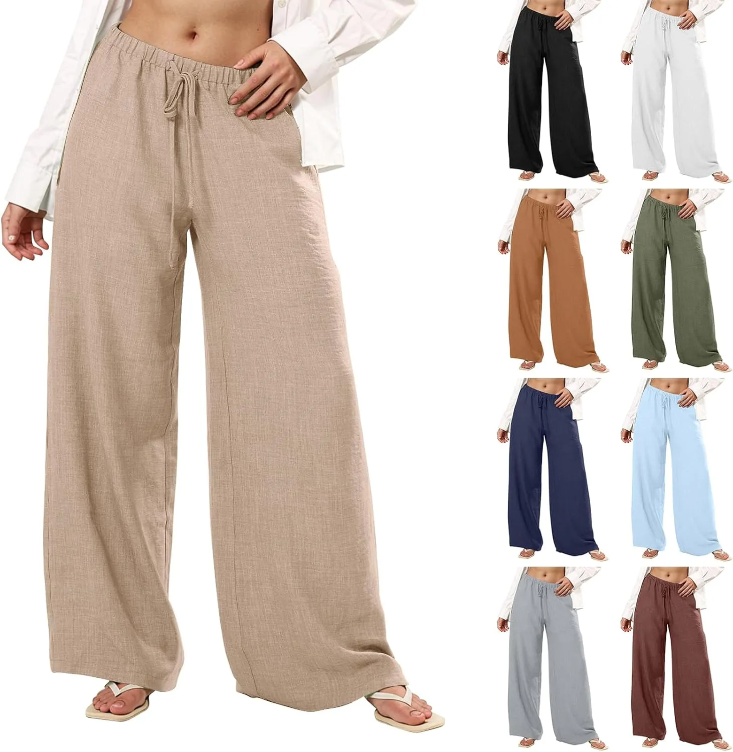 Wide Leg Linen Pants for Women Flowy Summer Pants Elastic Waist Drawstring Palazzo Pants with Pockets Beach Pants