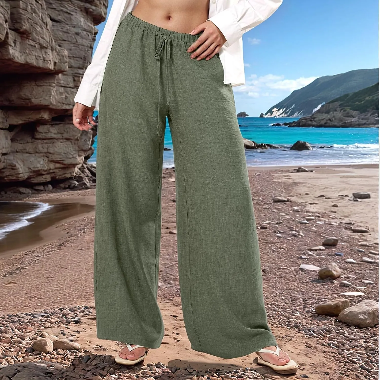 Wide Leg Linen Pants for Women Flowy Summer Pants Elastic Waist Drawstring Palazzo Pants with Pockets Beach Pants
