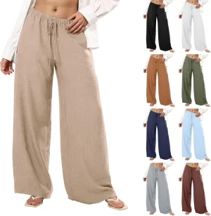 Wide Leg Linen Pants for Women Flowy Summer Pants Elastic Waist Drawstring Palazzo Pants with Pockets Beach Pants