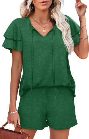 WIHOLL Summer Outfits for Women 2 Piece Short Sleeve V Neck Lounge Sets Casual