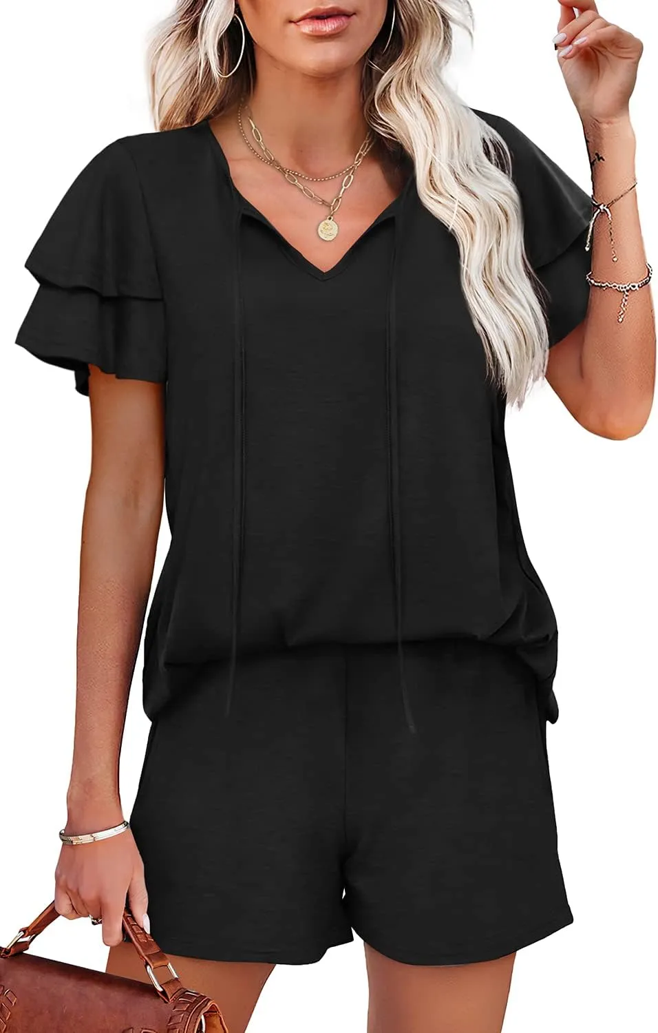 WIHOLL Summer Outfits for Women 2 Piece Short Sleeve V Neck Lounge Sets Casual