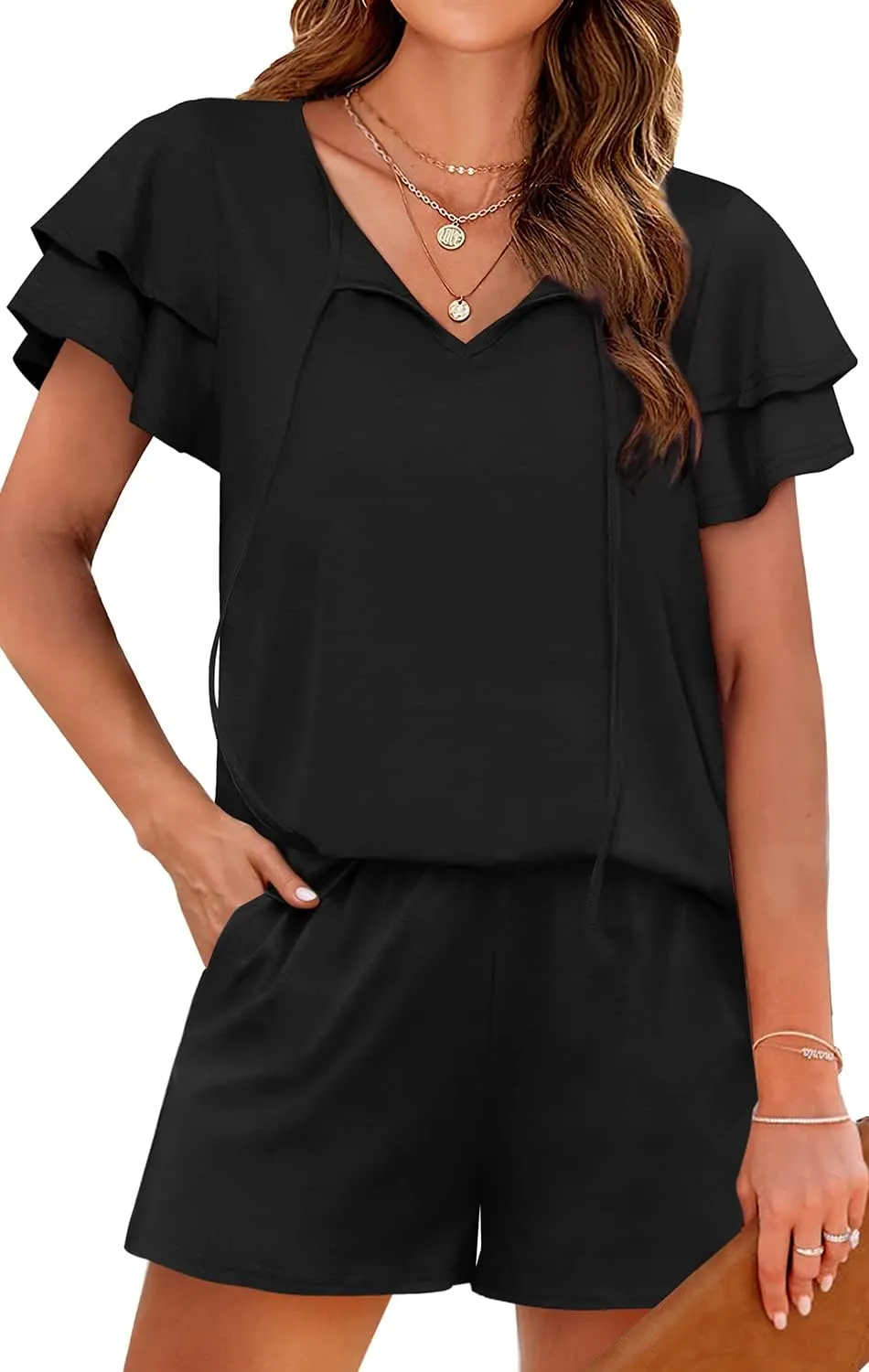 WIHOLL Summer Outfits for Women 2 Piece Short Sleeve V Neck Lounge Sets Casual