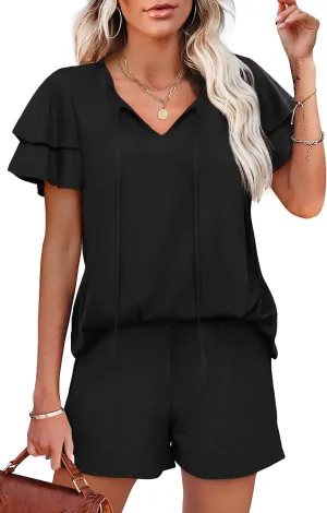 WIHOLL Summer Outfits for Women 2 Piece Short Sleeve V Neck Lounge Sets Casual