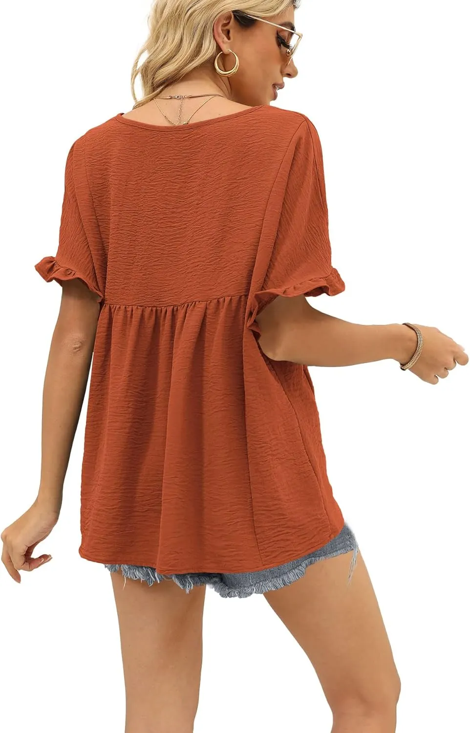 WIHOLL Womens Tops Casual V Neck Ruffle Sleeve T Shirts Babydoll Loose Fit Peplum Tops
