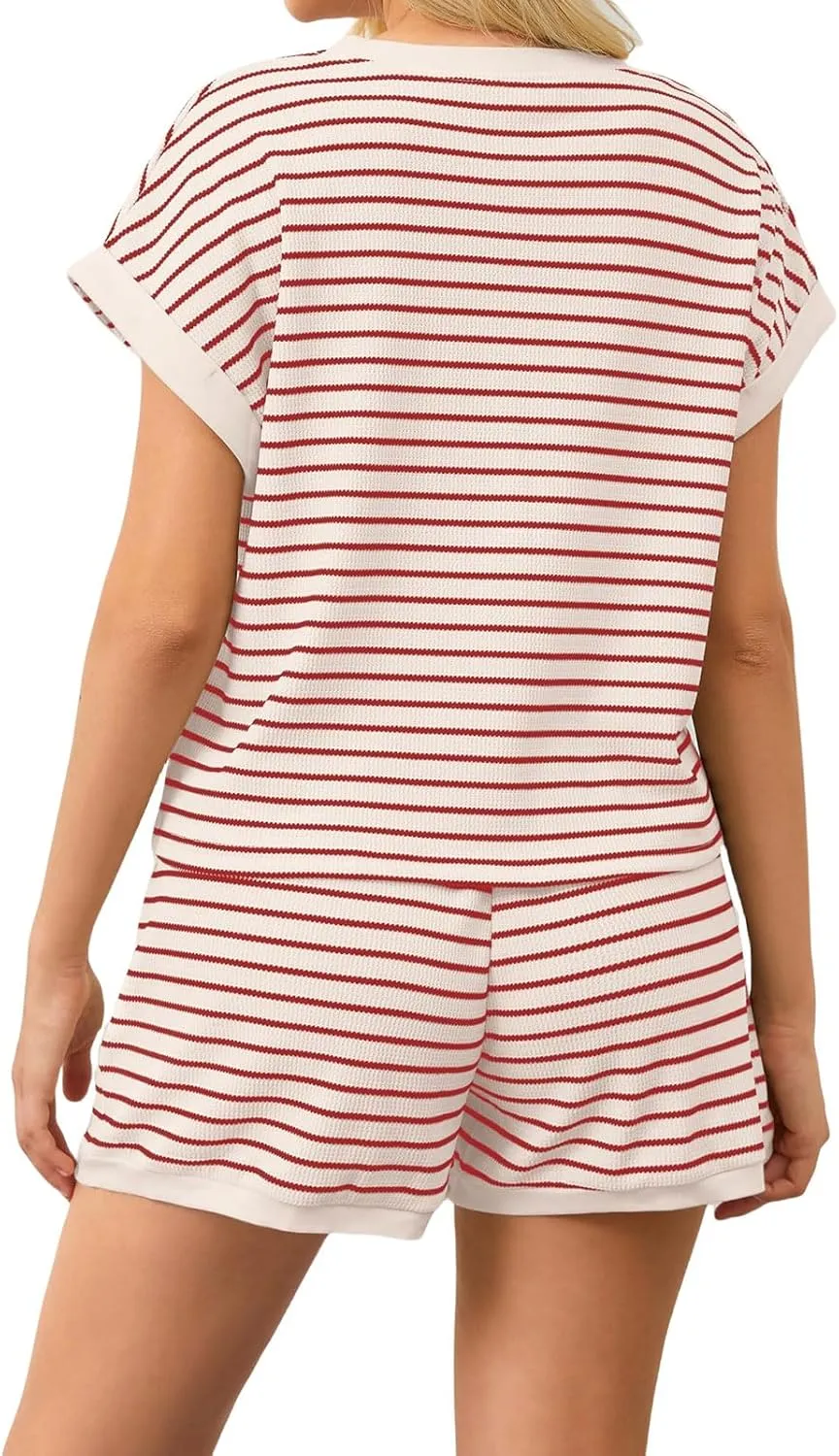 Women 2 Piece Outfits Two Piece Lounge Set Striped Short Sleeve Top and Shorts Casual Summer Loungewear Shorts Sets