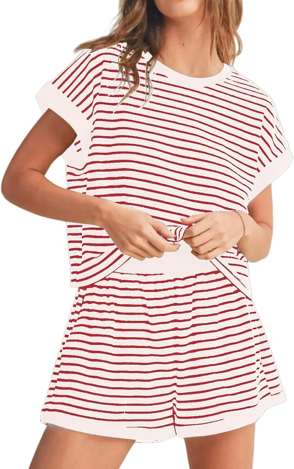 Women 2 Piece Outfits Two Piece Lounge Set Striped Short Sleeve Top and Shorts Casual Summer Loungewear Shorts Sets