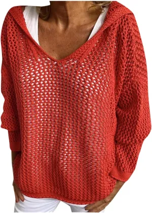 Women Cut Out Knitted V Neck Hoodies Loose Fit Crochet Hollow Out Cover Up Tops Sweater Casual Pullover Hooded Shirts