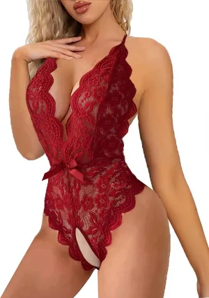 Women Deep V Teddy Lingerie Sexy Lace Bodysuit One Piece Floral Lace Babydoll (XL, Bow Ties Red)