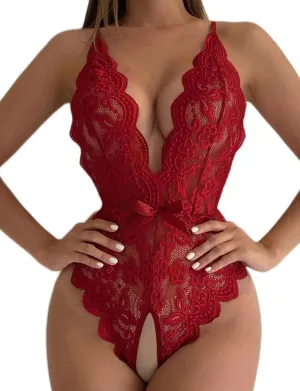 Women Deep V Teddy Lingerie Sexy Lace Bodysuit One Piece Floral Lace Babydoll
