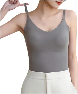 Women Ice Silk Tank Tops with Built in Bra Spaghetti Strap Camis V Neck Camisole Double Layer Sleeveless Tee Shirt
