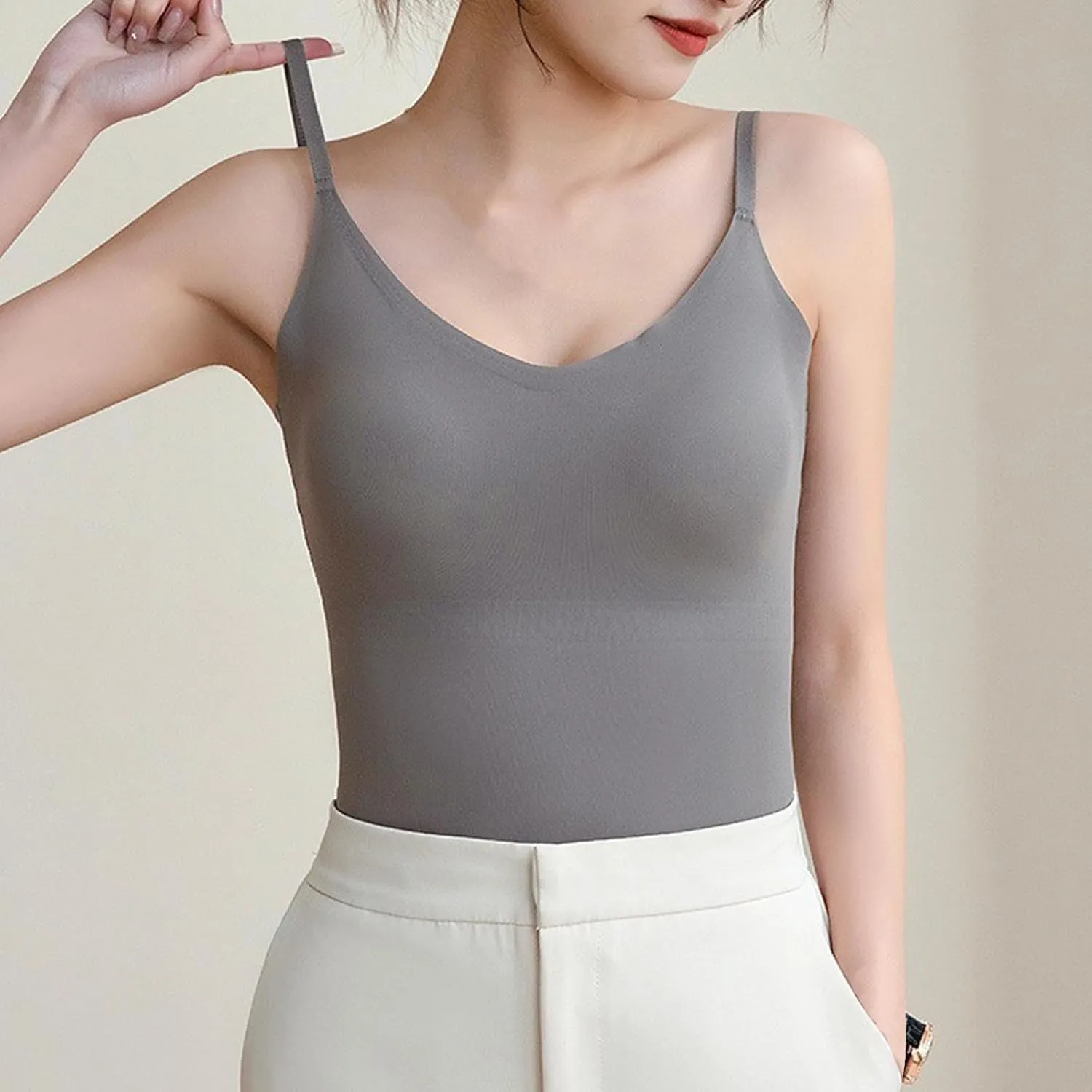 Women Ice Silk Tank Tops with Built in Bra Spaghetti Strap Camis V Neck Camisole Double Layer Sleeveless Tee Shirt