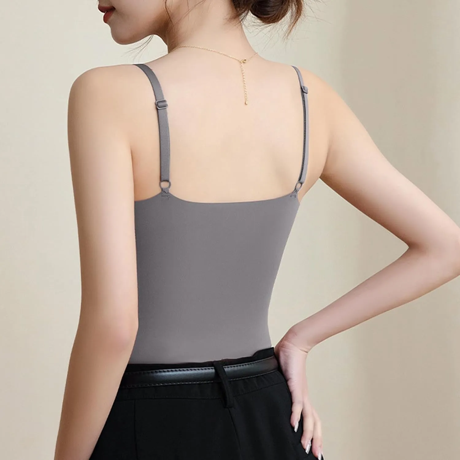 Women Ice Silk Tank Tops with Built in Bra Spaghetti Strap Camis V Neck Camisole Double Layer Sleeveless Tee Shirt